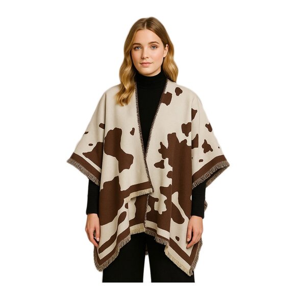 Tigerstars Brown Cow Pattern Print Ruana Poncho - Picture 1 of 2